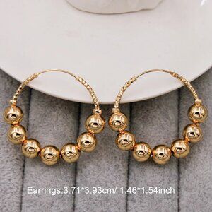 18K Yellow Gold Filled Bright Carved Bead Circle Hoop Dangle Earrings 39mm Gift